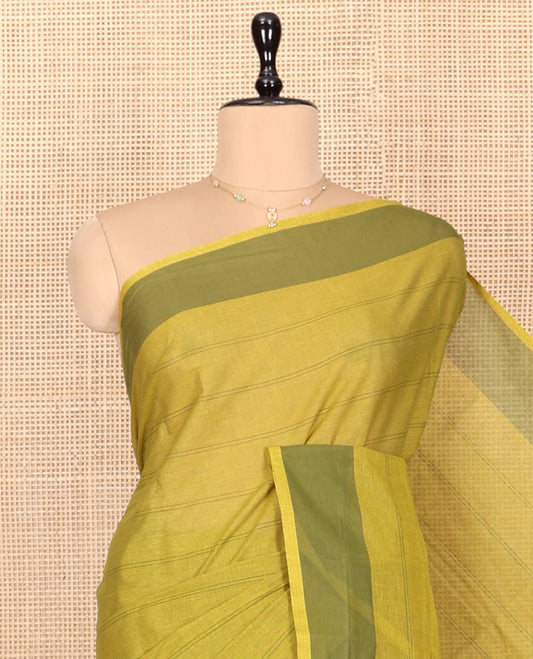 Green Striped Andhra Cotton Saree, Complemented by a Contrast Border, Striped Pallu, and a Matching Blouse