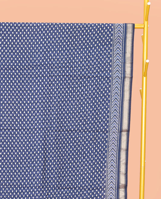 Blue Mul Mul Cotton Saree, Steeped with Triangle Buttas, a Piping Border, Geometric-Printed Pallu, and a Matching Blouse