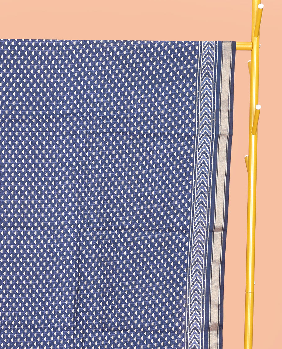Blue Mul Mul Cotton Saree, Steeped with Triangle Buttas, a Piping Border, Geometric-Printed Pallu, and a Matching Blouse