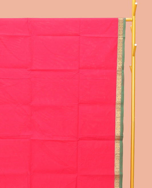 Pink Plain Chettinad Cotton Saree, Complemented by a Contrast Traditional Zari Design Woven Temple Border, Pallu of Stripes, and Paired with a Matching Blouse