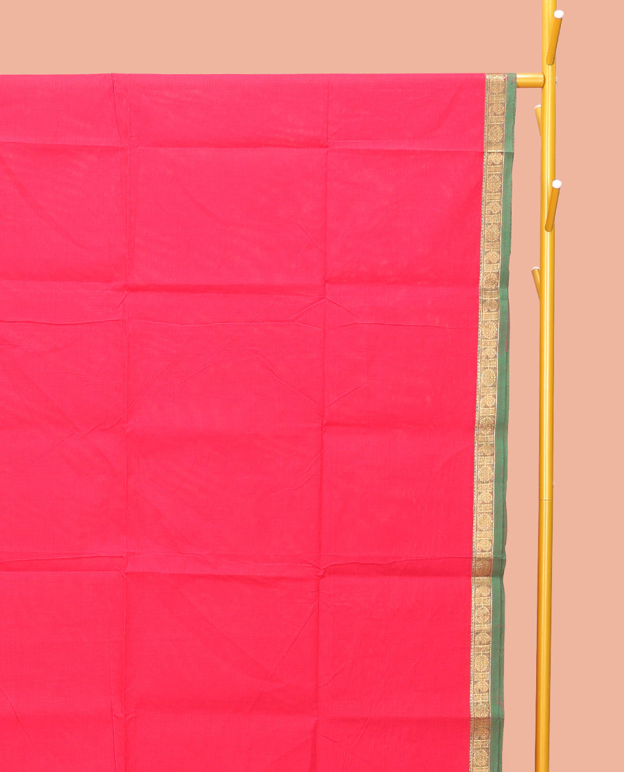 Pink Plain Chettinad Cotton Saree, Complemented by a Contrast Traditional Zari Design Woven Temple Border, Pallu of Stripes, and Paired with a Matching Blouse