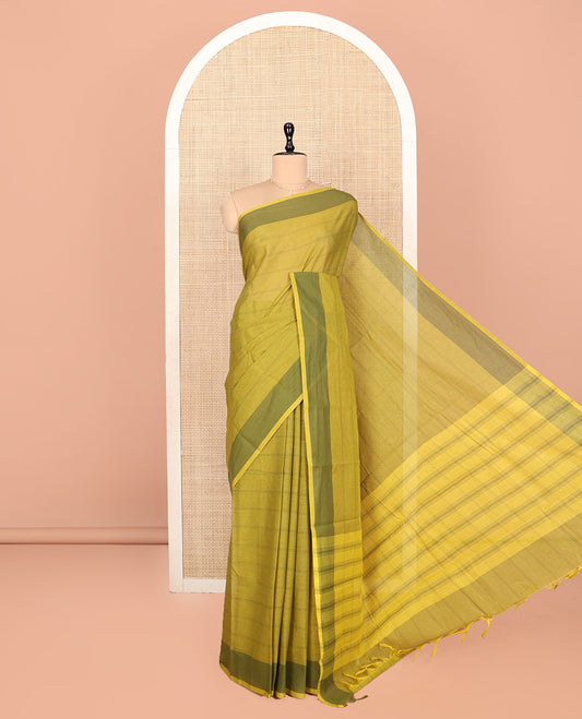 Green Striped Andhra Cotton Saree, Complemented by a Contrast Border, Striped Pallu, and a Matching Blouse