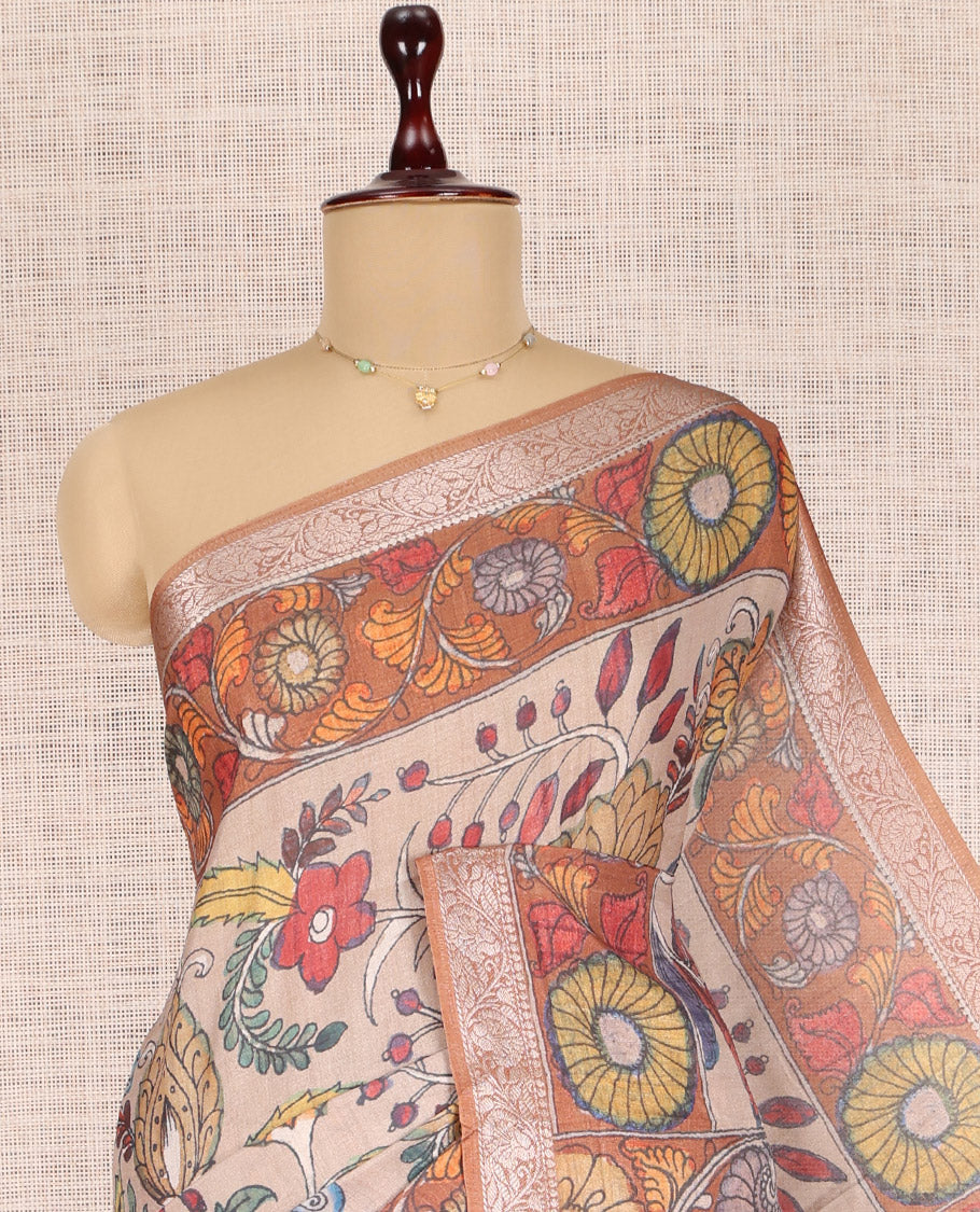 Pale Brown Kalamkari Printed Fancy Tussar Saree