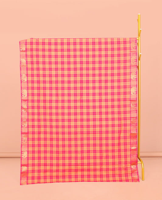 Yellow-Pink Chettinad Cotton Saree, Delicately Woven with Checks, Highlighted by Elephant Motifs Zari Border, Pallu of Stripes, and No Blouse