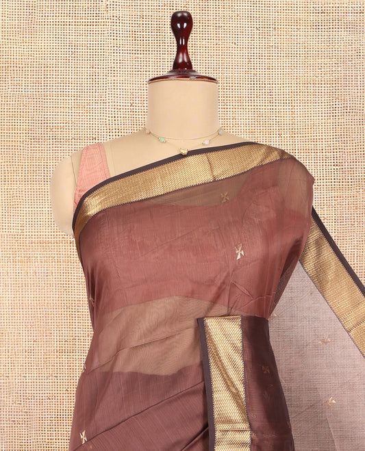Brown Maheshwari Cotton Saree, Enriched with Zari Buttas, a Traditional Zari Border, Zari Woven Pallu, and a Matching Blouse