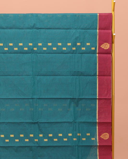 Blue Kanchi Cotton Saree, Adorned with a Geometric Design on Its Body, Complemented by a Contrast Unique Design Border, Intricate Pallu, and a Matching Blouse
