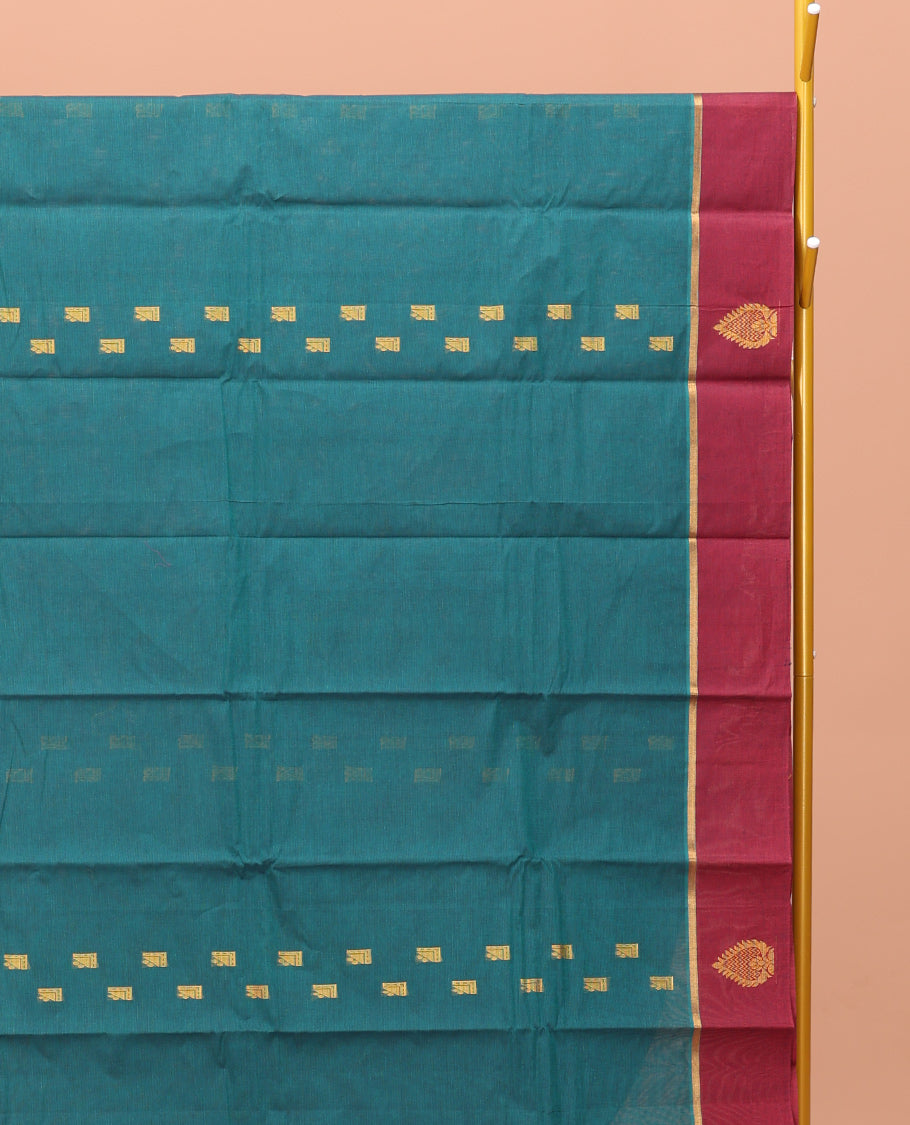 Blue Kanchi Cotton Saree, Adorned with a Geometric Design on Its Body, Complemented by a Contrast Unique Design Border, Intricate Pallu, and a Matching Blouse