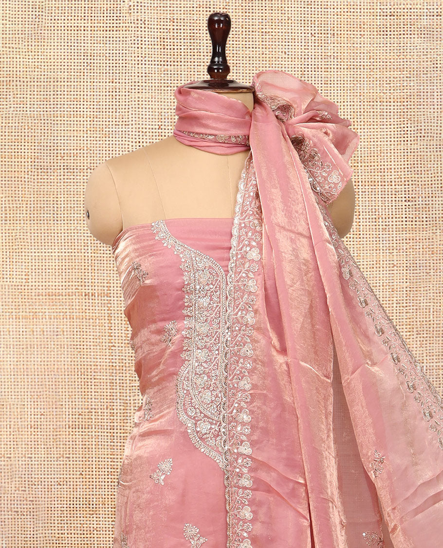 Onion Pink Fendy Organza Material Chudidar Set, Adorned with Neck Embroidered Top, a Santoon Bottom, and a Embroidered Dupatta