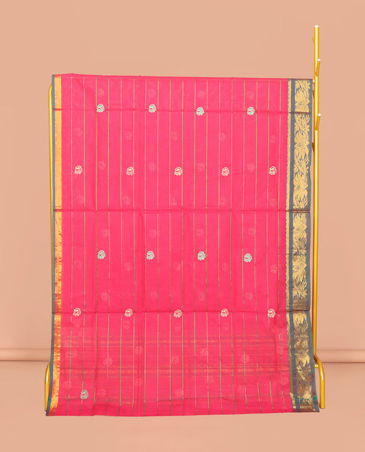 Pink Venkatagiri Cotton Saree Features Buttas and Stripes, a Contrast Floral Creeper Zari Border, Pallu of Buttas and Stripes, and No Blouse