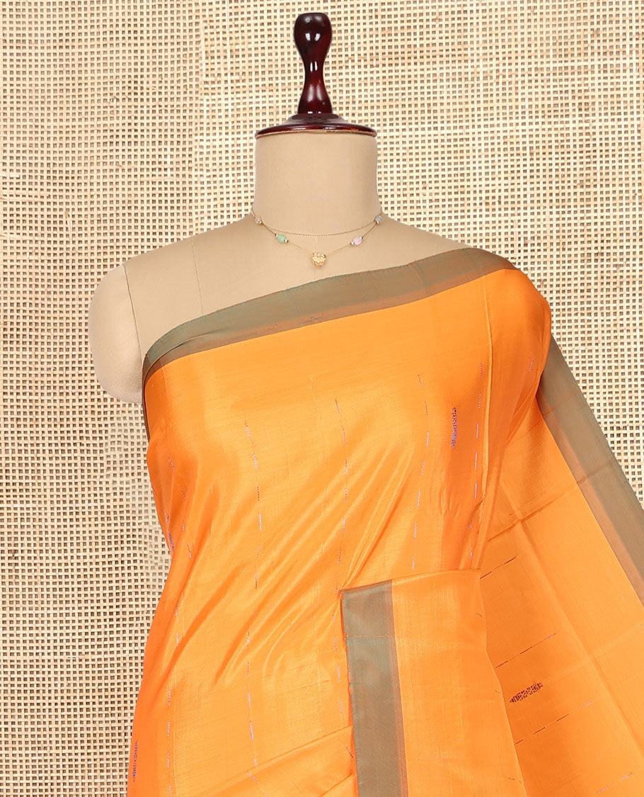 Orange Banana Pith Saree, Sparsely Threaded with Buttas, a Contrast Border, Pallu of Stripes, and a Contrast Blouse