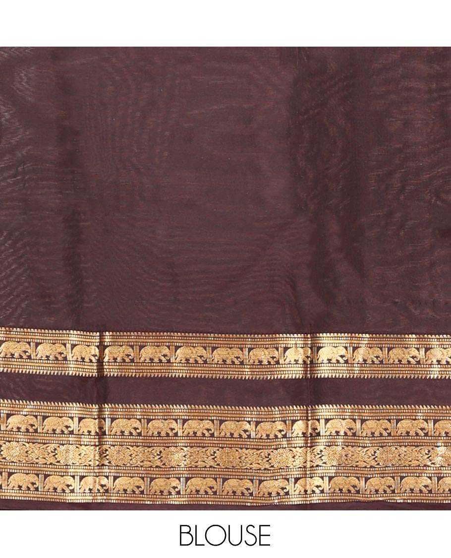 Lavender Grey Checked Vasundhara Lite Silkmix Saree, Contrast Elephant Border, Jaal Pallu, and Contrast Blouse