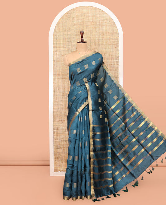 Blue Banana Pith Saree, Woven with Square Buttas All Over Its Body, Highlighted by a Zari Temple Border, Gleaming Zari Striped Pallu, and Paired with a Matching Blouse