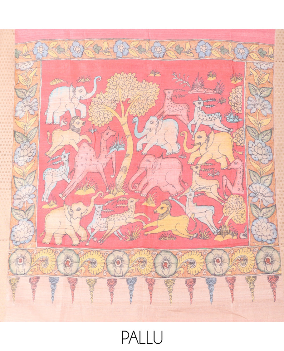 Pink Plain Fancy Tussar Silk Saree, Contrast Triangle Motif Border, Pallu of Kalamkari Animal Motifs, and Contrast Kalamkari Printed Blouse
