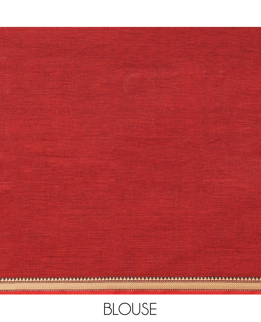 Red Plain Chettinad Cotton Saree, a Temple Traditional Thread Piping Border, Striped Pallu, and a Matching Blouse