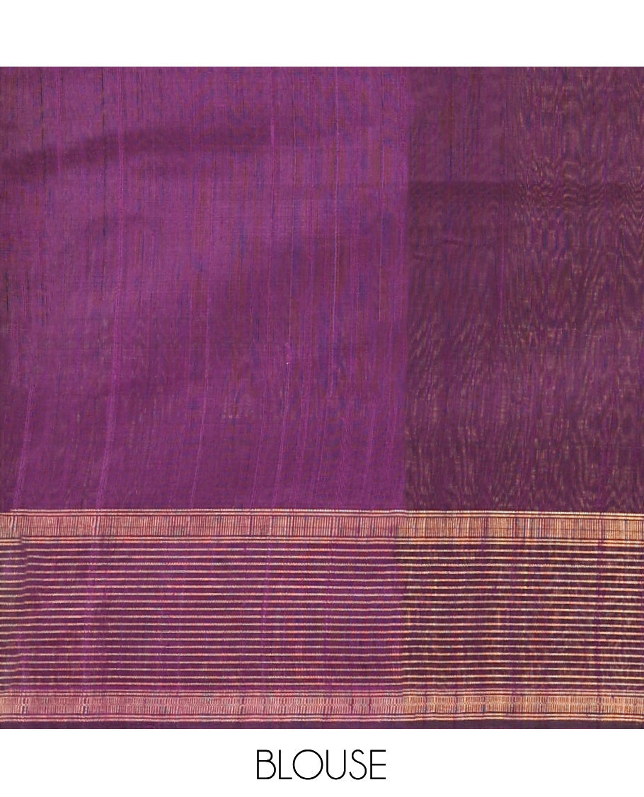 Yellow Dupion Silk Saree, Adorned with Buttas, Complemented by Contrast Temple-Checked Border, Temple Pallu, and a Contrast Blouse