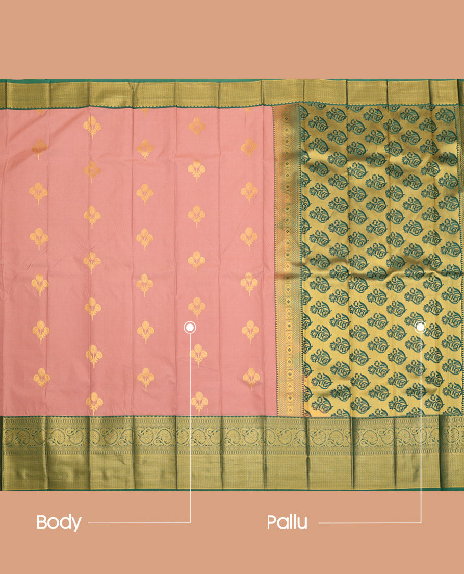 Rosewood Pink Budget Silk Saree, Showcasing Zari Buttas on Its Body, Complemented by a Contrast Traditional Zari Design Border, Pallu of Floral Design, and Paired with a Contrast Blouse