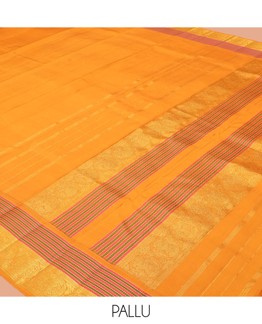 Yellow Plain Kanchipuram Silk Saree, Highlighted by Self-Border of Neli, Muthu, and Iru Thalai Pakshi Designs, a Self-Pallu, and Matching Blouse