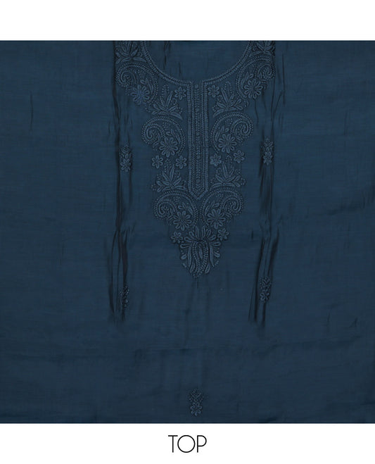 Blue Material Chudidar Set, Subtly Woven with Lucknowi Chikankari-Style Floral-Leaf Neck Embroidery on Muslin Top, a Plain Santoon Bottom, and Paired with a Lucknowi Chikankari-Style Embroidered Muslin Scallop Dupatta