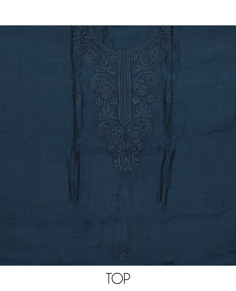 Blue Material Chudidar Set, Subtly Woven with Lucknowi Chikankari-Style Floral-Leaf Neck Embroidery on Muslin Top, a Plain Santoon Bottom, and Paired with a Lucknowi Chikankari-Style Embroidered Muslin Scallop Dupatta