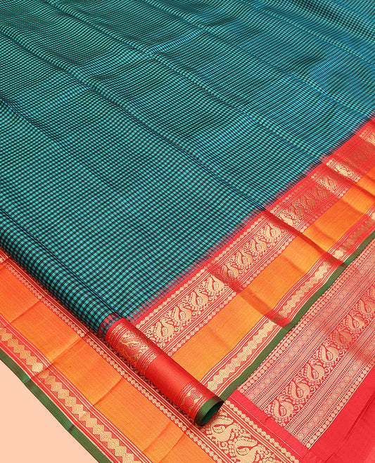 Multi-Color Kanchipuram Silk Saree, Gleamed Up with Kasa-Kasa Checks, Contrast Rettai Pettu Border of Lavangam, Mayil and Diamond Designs, Pallu of Intricate Design, and a Contrast Blouse