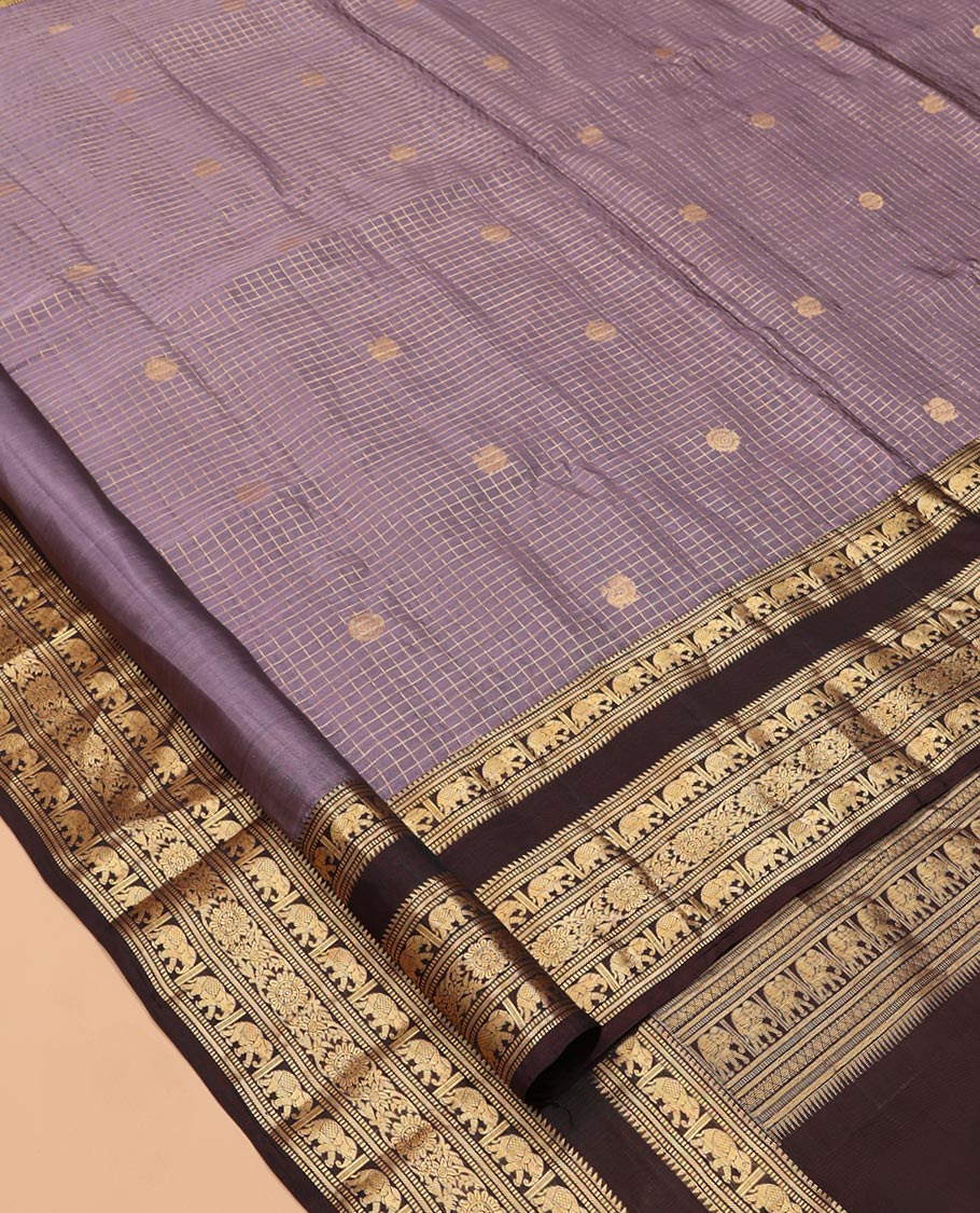Lavender Grey Checked Vasundhara Lite Silkmix Saree, Contrast Elephant Border, Jaal Pallu, and Contrast Blouse