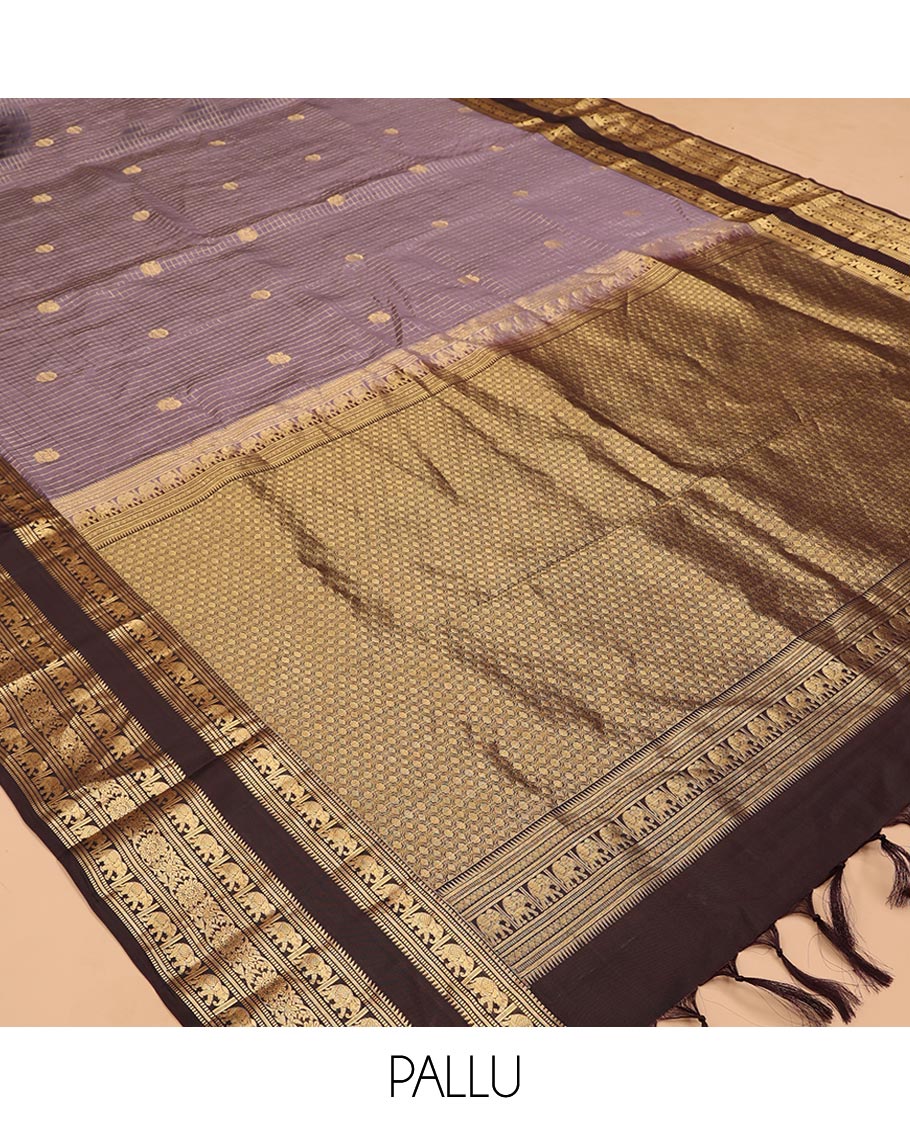 Lavender Grey Checked Vasundhara Lite Silkmix Saree, Contrast Elephant Border, Jaal Pallu, and Contrast Blouse