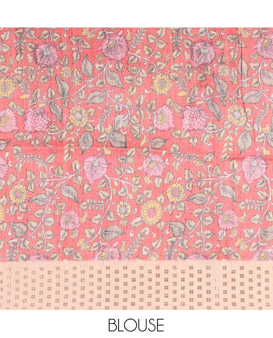 Pink Plain Fancy Tussar Silk Saree, Contrast Triangle Motif Border, Pallu of Kalamkari Animal Motifs, and Contrast Kalamkari Printed Blouse