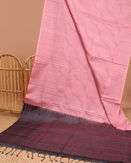 Pink diagonal floral creeper soft silk saree, checked design border & contrast pallu of jaal designs