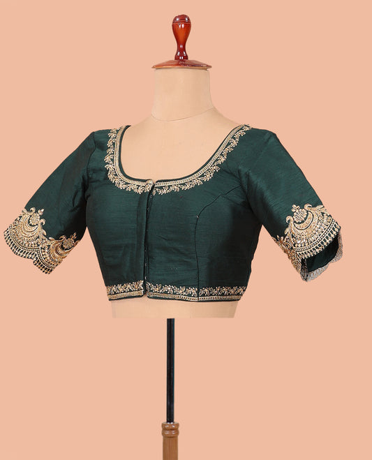 Deep green embroidered front-back round neck elbow sleeve blouse
