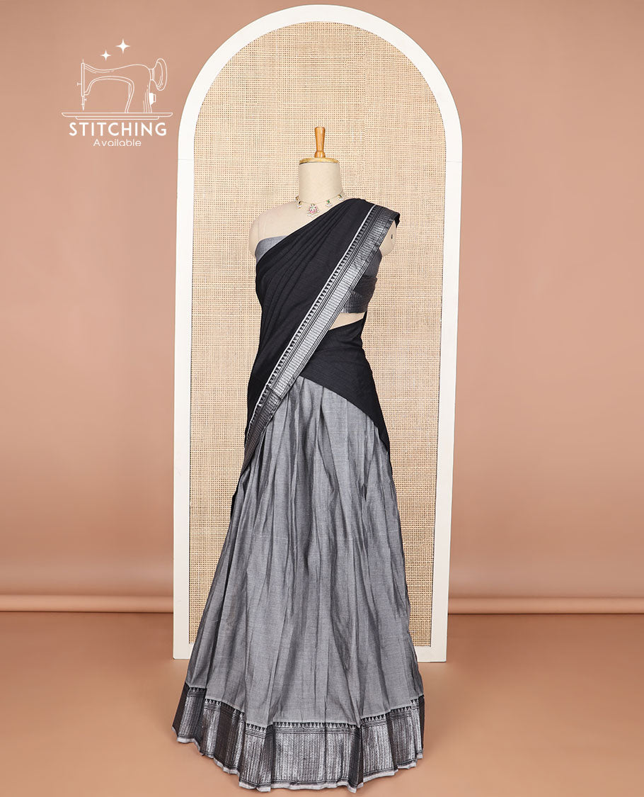 Grey cotton half saree with contrast zari design border, zari design blouse & plain, zari design border dhavani