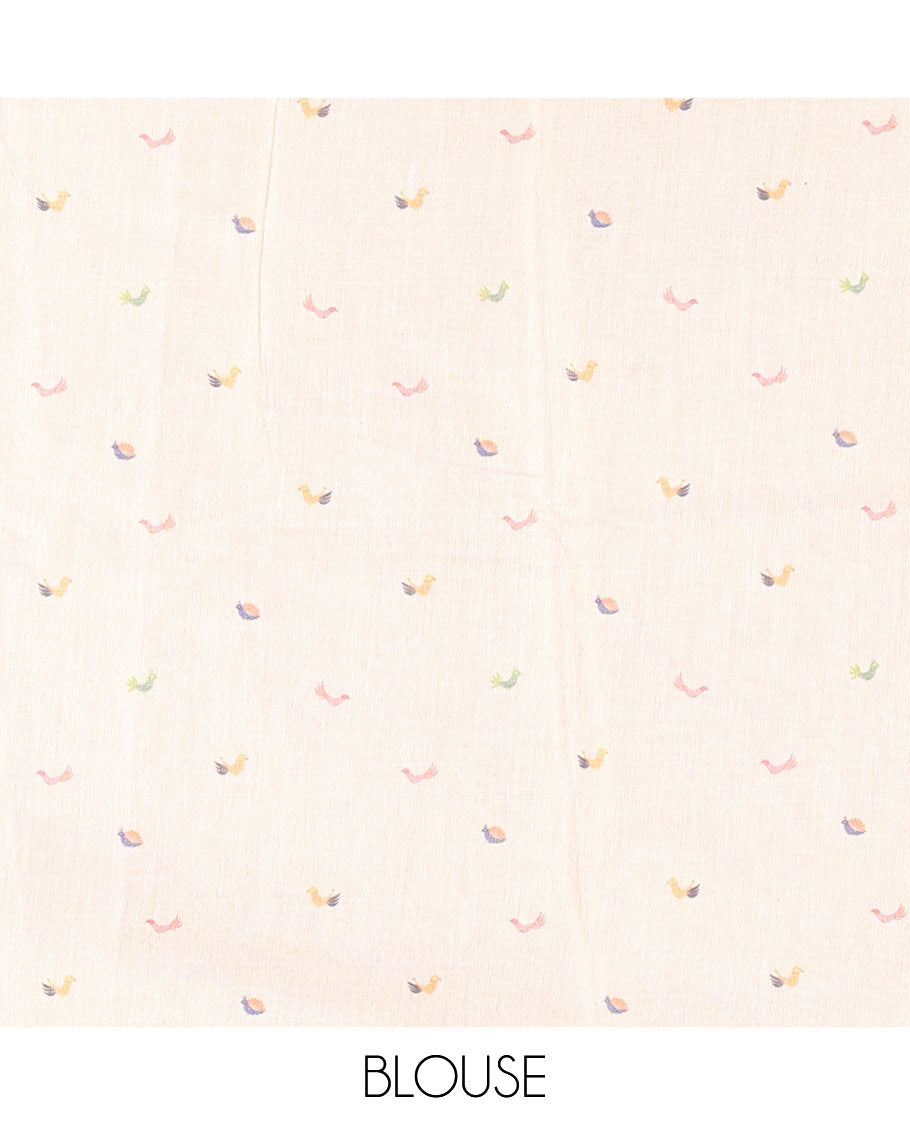 Borderless gold multi-color tree-bird motifs digital printed tissue saree, small buttas printed blouse