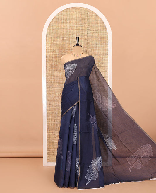 Borderless blue big banana leaf motifs printed chanderi cotton saree, printed pallu, and contrast printed blouse