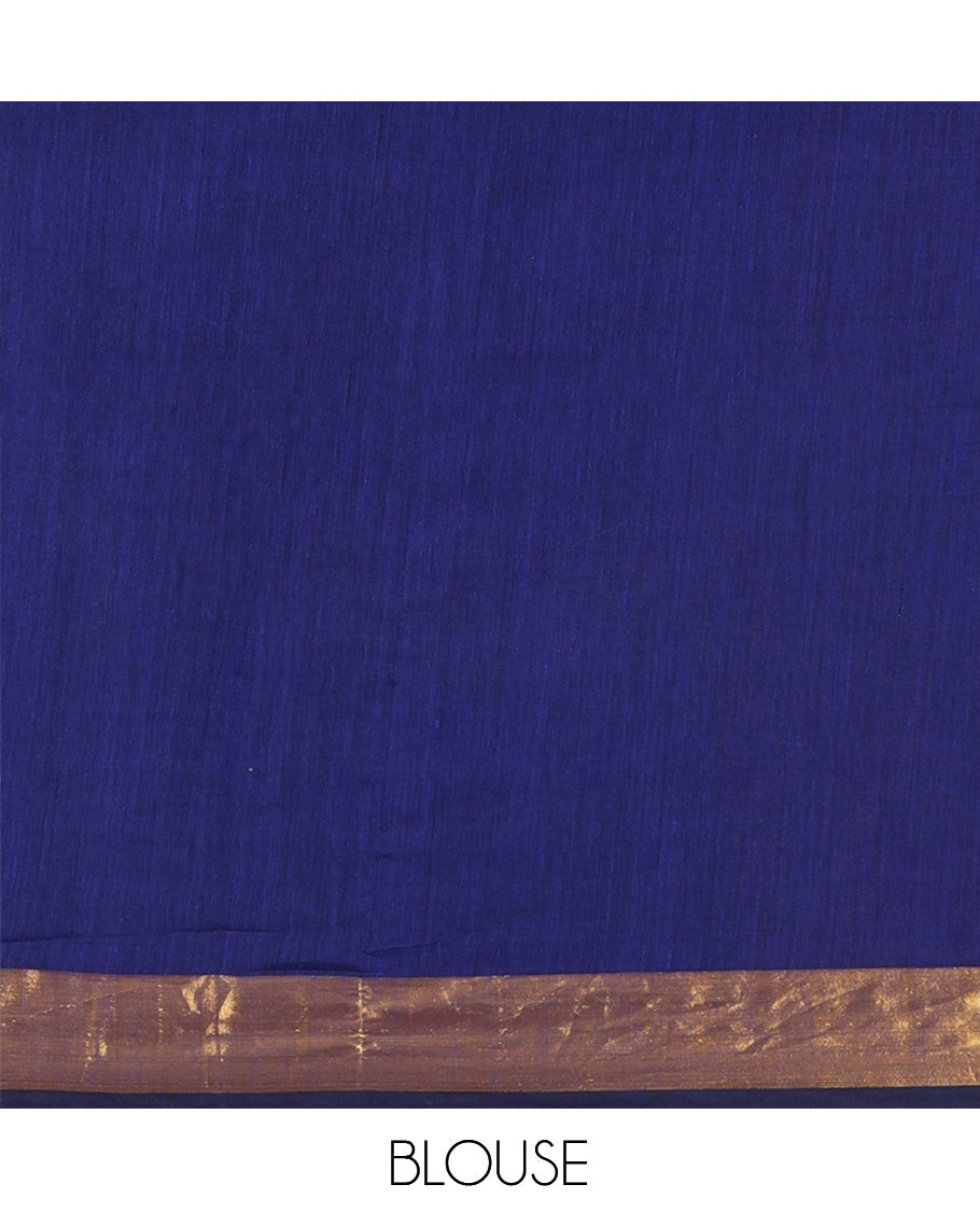 Blue Plain Khadi Mul Cotton Saree, a Gold Zari Border, Sequins Striped Pallu, and a Matching Blouse