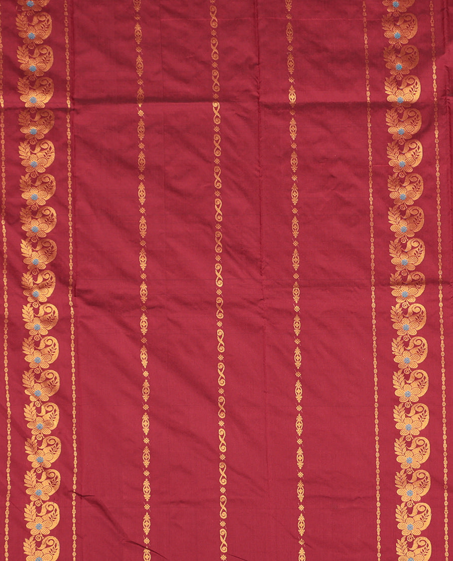 Maroon Art Silk Pavadai Material Set, Adorned with Zari Designs on Its Skirt, Complemented by a Contrast Traditional Zari Border, and a Matching Blouse
