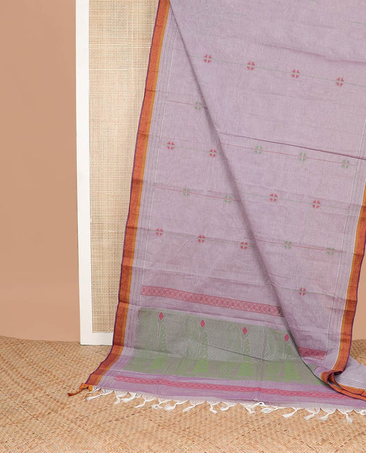 Purple motifs kanchi cotton saree with contrast border & floral design pallu
