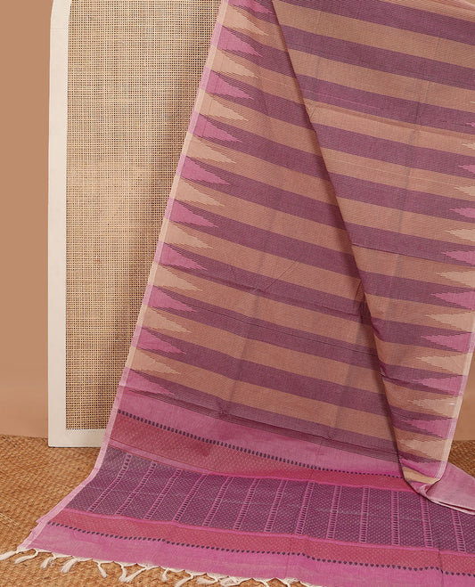 Multi-color striped coimbatore cotton saree with contrast temple design & geometric design pallu