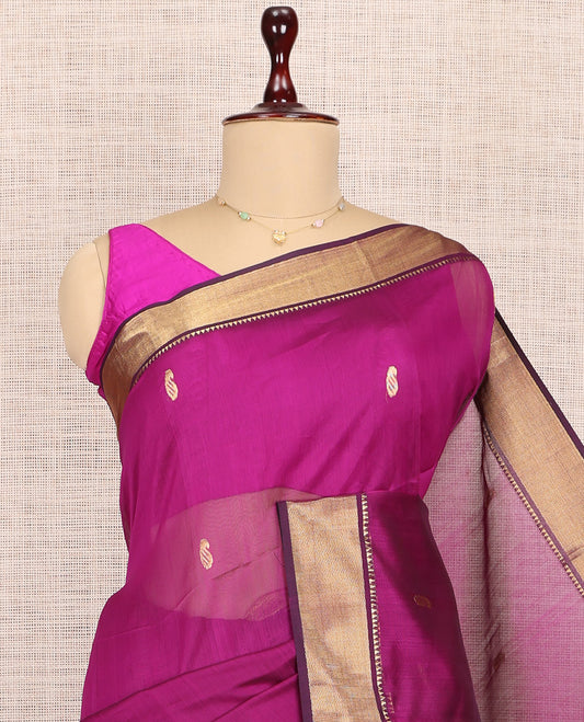 Magenta Maheshwari Cotton Saree, Graced with Buttas, Highlighted by a Semi-Contrast Traditional Zari Border, Pallu of Paisleys, and a Matching Blouse