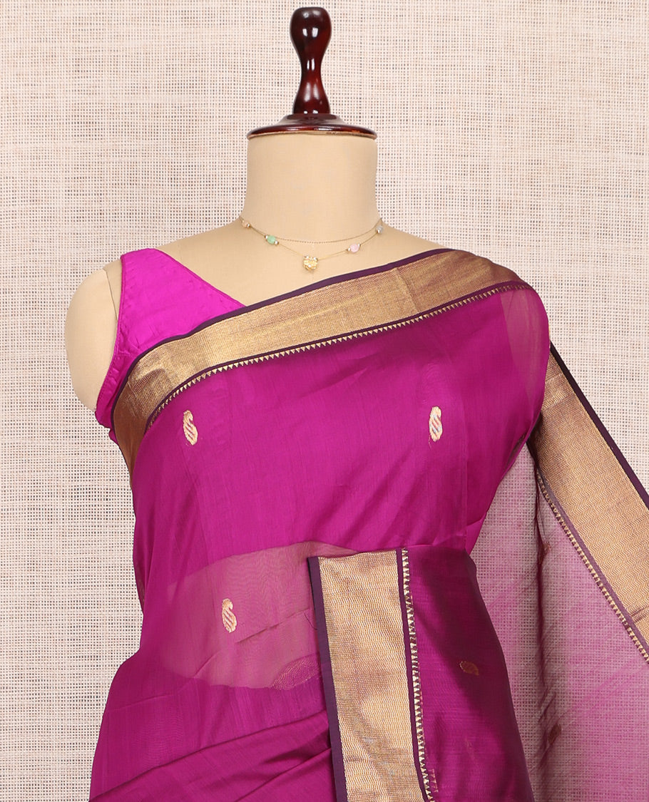 Magenta Maheshwari Cotton Saree, Graced with Buttas, Highlighted by a Semi-Contrast Traditional Zari Border, Pallu of Paisleys, and a Matching Blouse