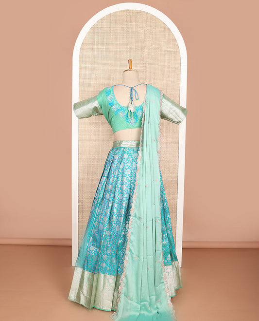 Blue floral jaal design art silk half saree with contrast zari design border, embroidered blouse & floral embroidery dhavani