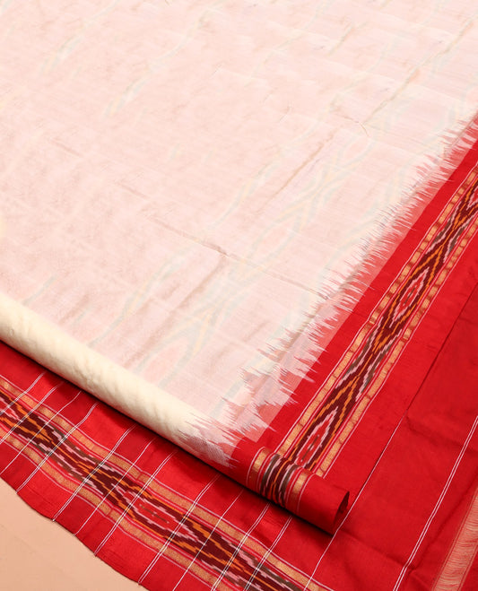 Cream Plain Pochampally Ikat Silk Saree, Complemented by a Contrast Ikat Textured Border, Ikat Pallu, and No Blouse