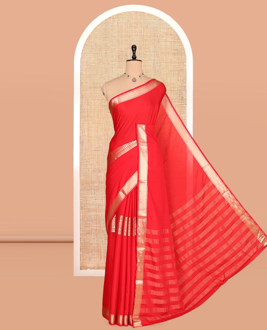 Red Traditional Zari Woven Mysore Silk Saree, a Zari Border, Striped Pallu, and a Matching Blouse