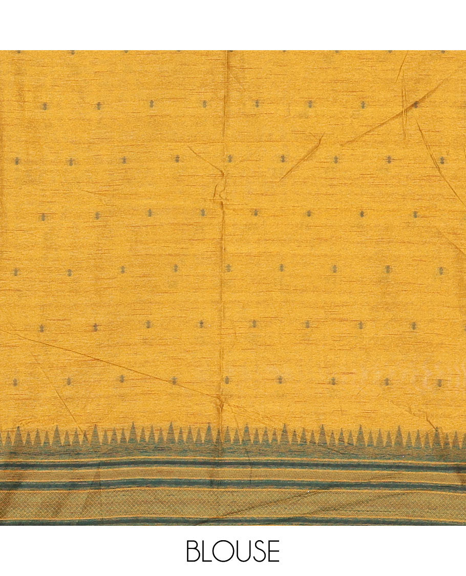 Green buttas semi-jute saree with contrast temple border, thread striped pallu, and a contrast thread buttas blouse