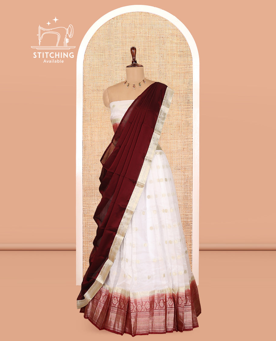 Cream-Red Organza Half-Saree Features Zari Buttas Skirt, Contrast Traditional Border, Matching Blouse, Contrast Dhavani