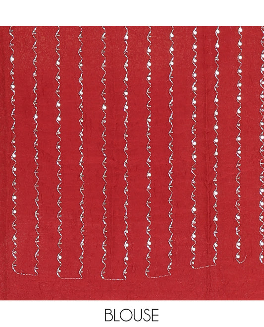 Borderless White-Maroon Rangoli Chiffon Saree, Gleamed Up with Foil-Printed Leheriya Stripes, a Contrast Sequins Blouse