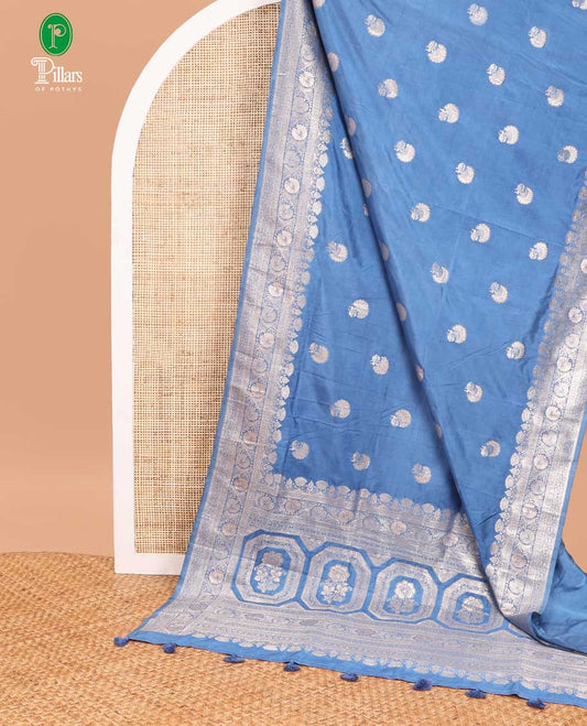 Sky blue neem zari butta dola silk saree with banaras border & rich pallu along with plain blouse