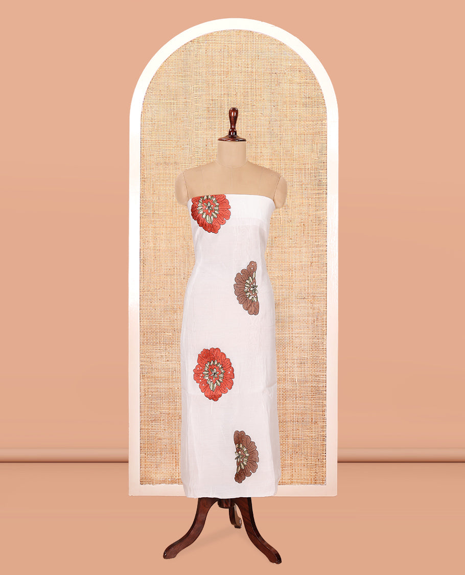 Cream-Rust Mul Chanderi Material Chudidar, Floral Embroidery Top, Matching Bottom, Floral Embroidery Dupatta
