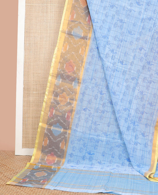 Sky blue floral, bird motifs chirala cotton saree with contrast floral design border & striped pallu