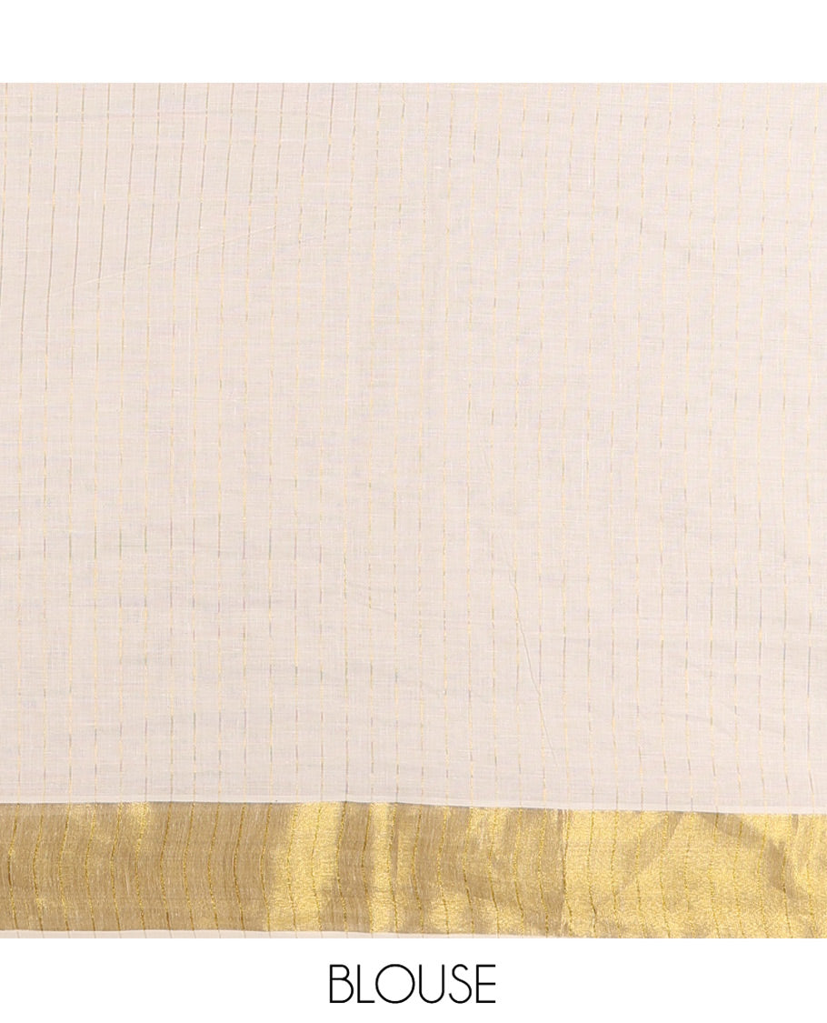 Cream Kerala Cotton Saree, Accentuated with Checks and Floral Zari Buttas, a Zari Border, a Self-Pallu and a Matching Blouse