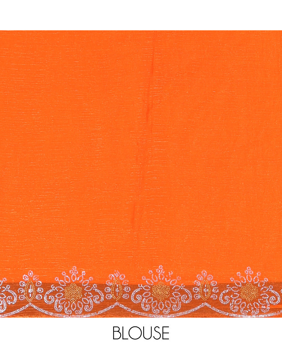 Orange Fendy Chiffon Saree Artfully Designed with Floral-Style Micro-Stone Work, Scallop Border of Micro-Stone Work, and Paired with a Matching Blouse