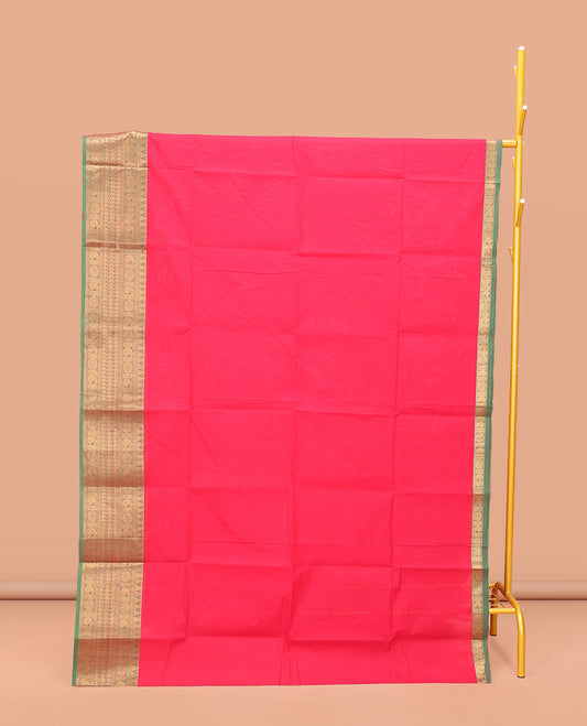 Pink Plain Chettinad Cotton Saree, Complemented by a Contrast Traditional Zari Design Woven Temple Border, Pallu of Stripes, and Paired with a Matching Blouse